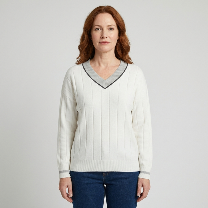 Rachel | Contrast Trim V-Neck Sweater