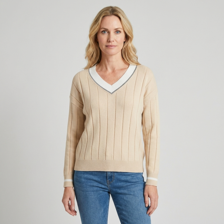Rachel | Contrast Trim V-Neck Sweater